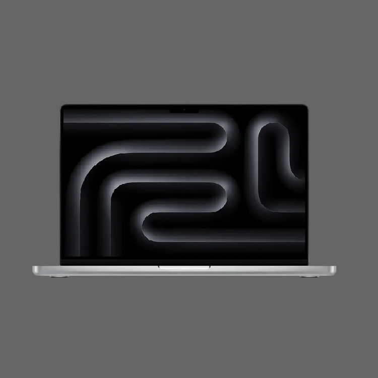 Laptop with a black screen displaying abstract white lines on a white background